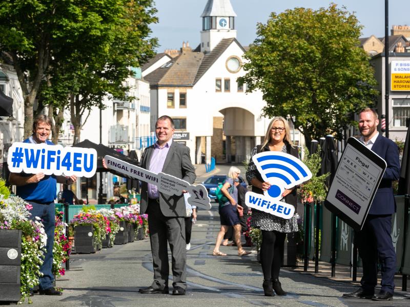 Pictured are Barry Gibney, Dominic Byrne, Head of IT, Fingal, Clodagh Kelly, Magnet Networks, Cllr Eoghan O'Brien launching the Wi-Fi in Malahide