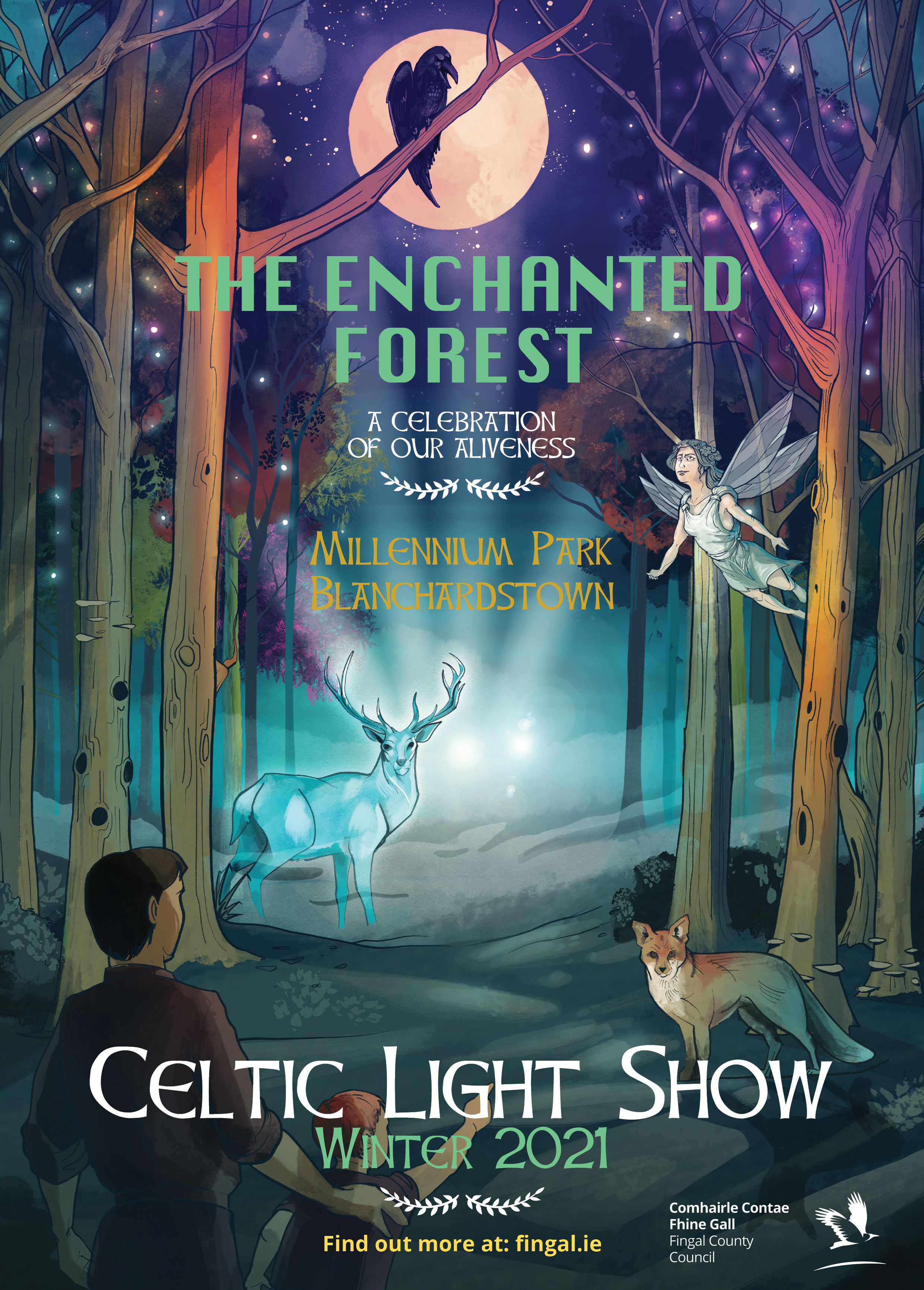 Enchanted forest, fairies, deer, lights