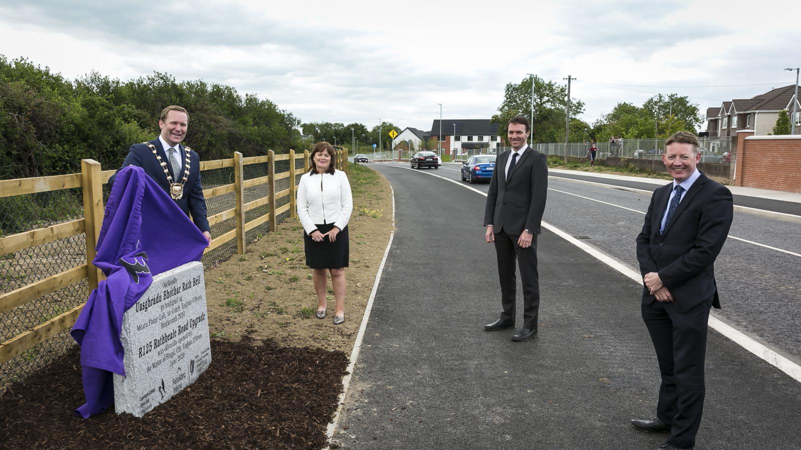 The Mayor of Fingal, Cllr Eoghan O’Brien (left), is pictured with Fingal County Council’s Chief Executive AnnMarie Farrelly, Senior Engineer Paul Carroll and Director of Planning and Strategic Infrastructure, Matthew McAleese (right) at the official opening of the Rathbeale Road Upgrade.